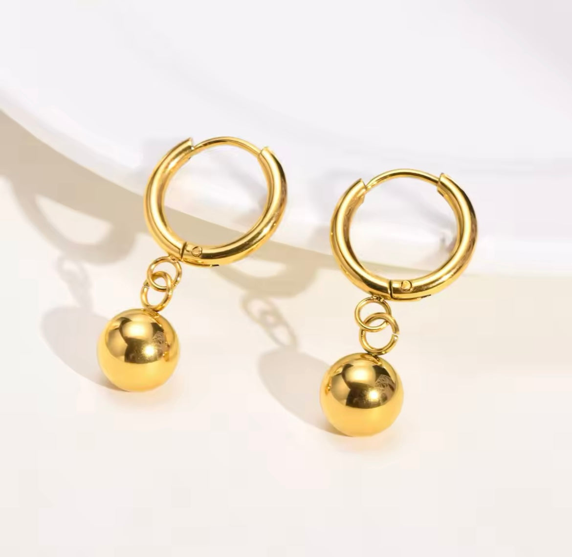 Gold Hoop Earrings with Polished Sphere Drop Earrings