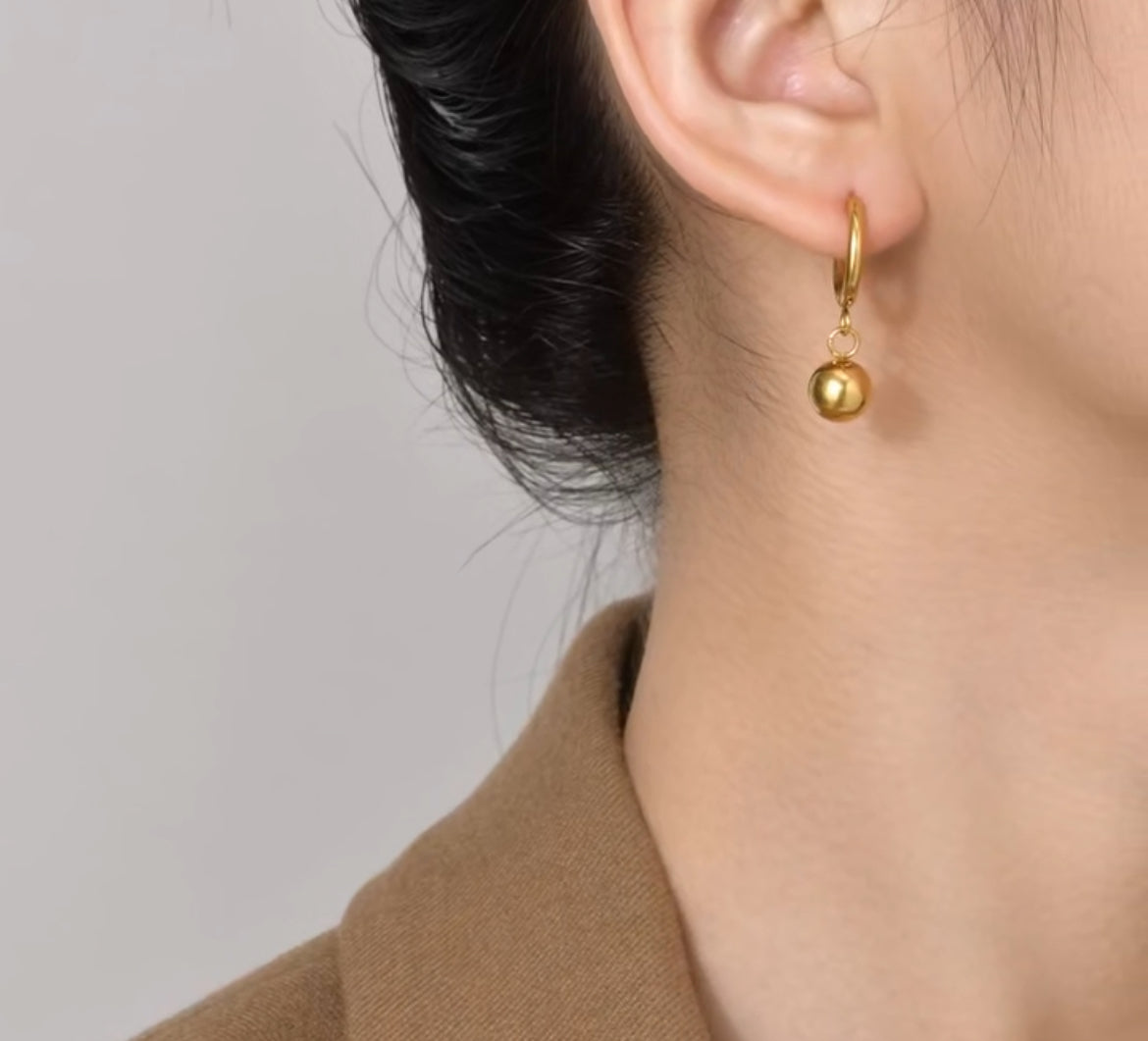 Gold Hoop Earrings with Polished Sphere Drop Earrings