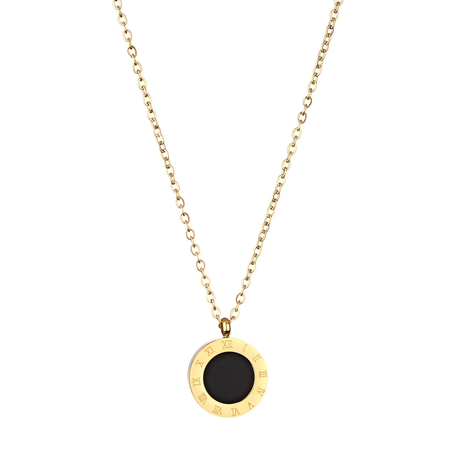 Gold Roman Numeral Pendant Necklace with Onyx Inlay