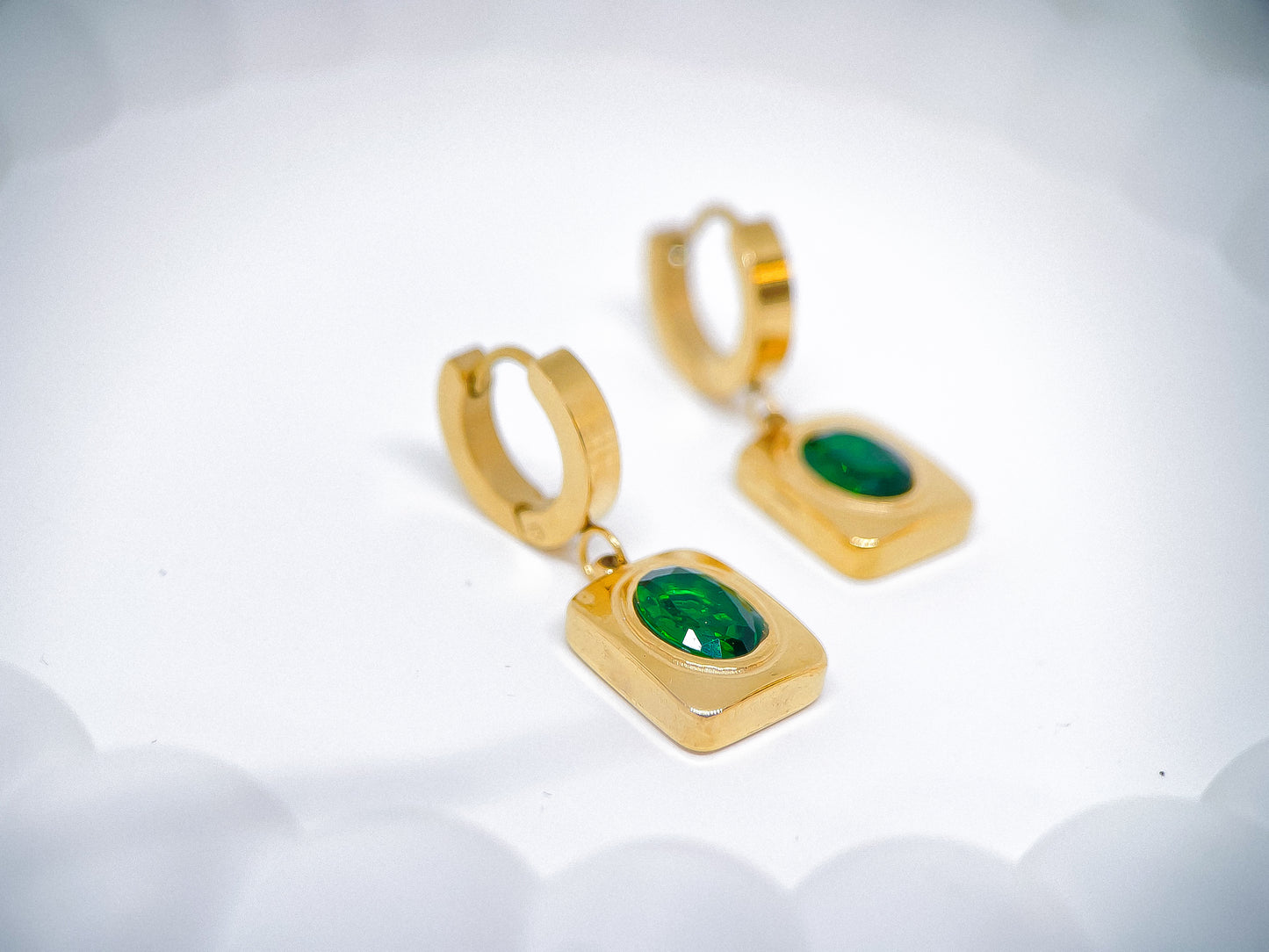 Geometric Gold Hoops with Emerald Green Crystal Earrings