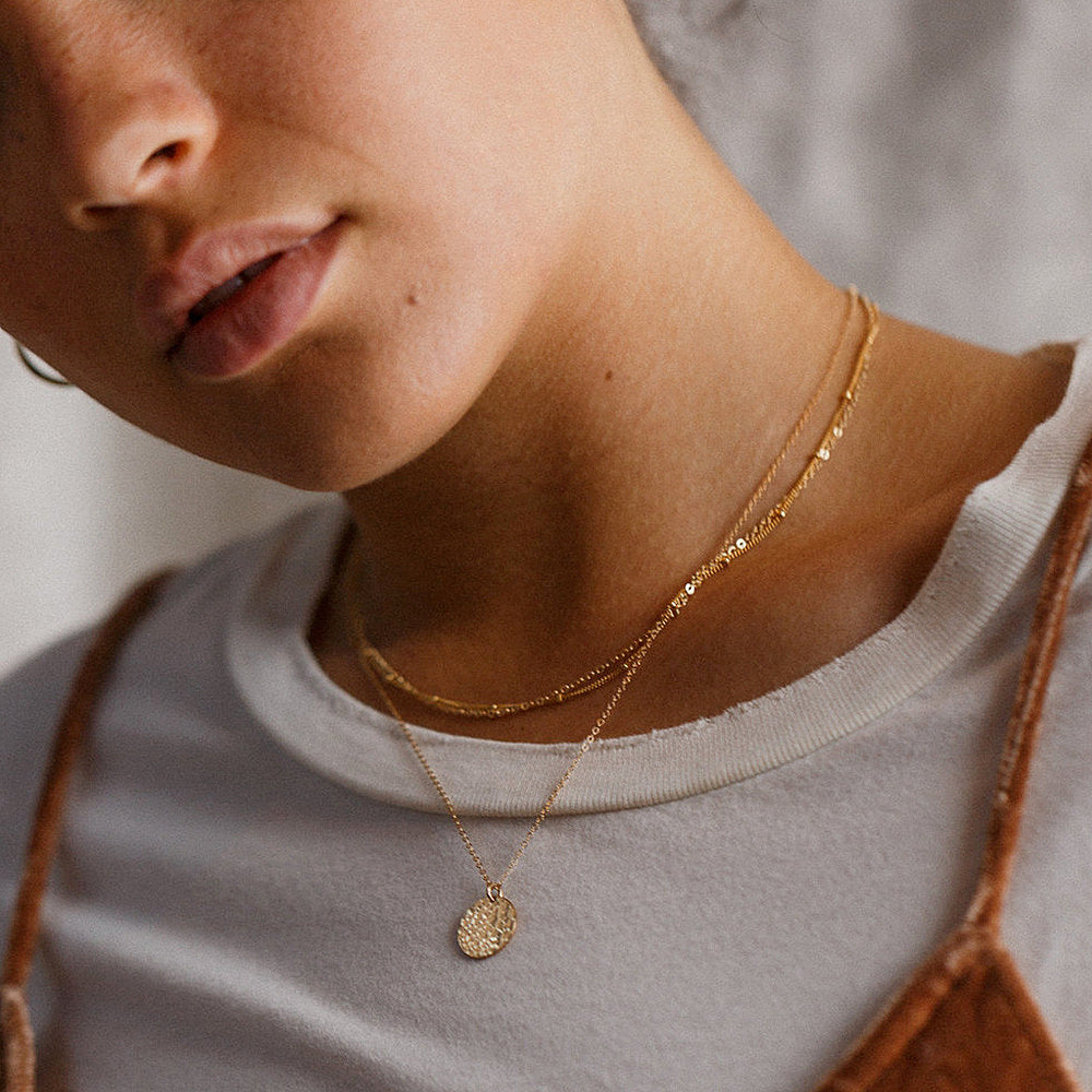 Gold Multi-Strand Necklace with Textured Disc Pendant Necklace