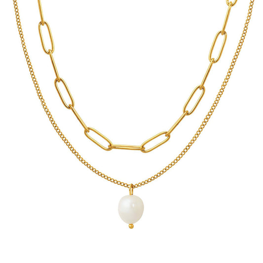 Gold Layered Chain Necklace with Pearl Pendant Necklace