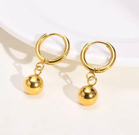 Gold Hoop Earrings with Polished Sphere Drop Earrings