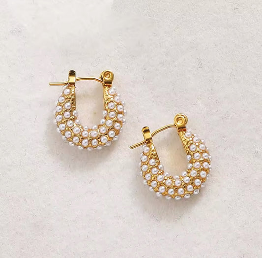Pearl-Encrusted Gold Hoop Earrings