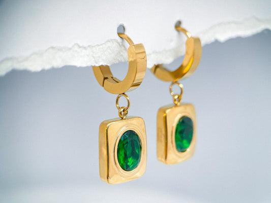 Geometric Gold Hoops with Emerald Green Crystal Earrings