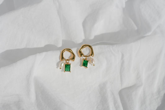 Geometric Hoops with Green Crystal & Pearl Earrings