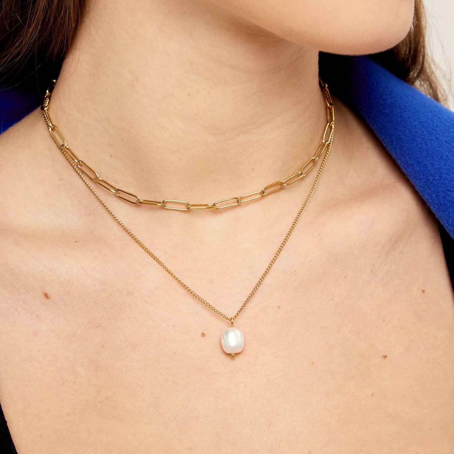 Gold Layered Chain Necklace with Pearl Pendant Necklace