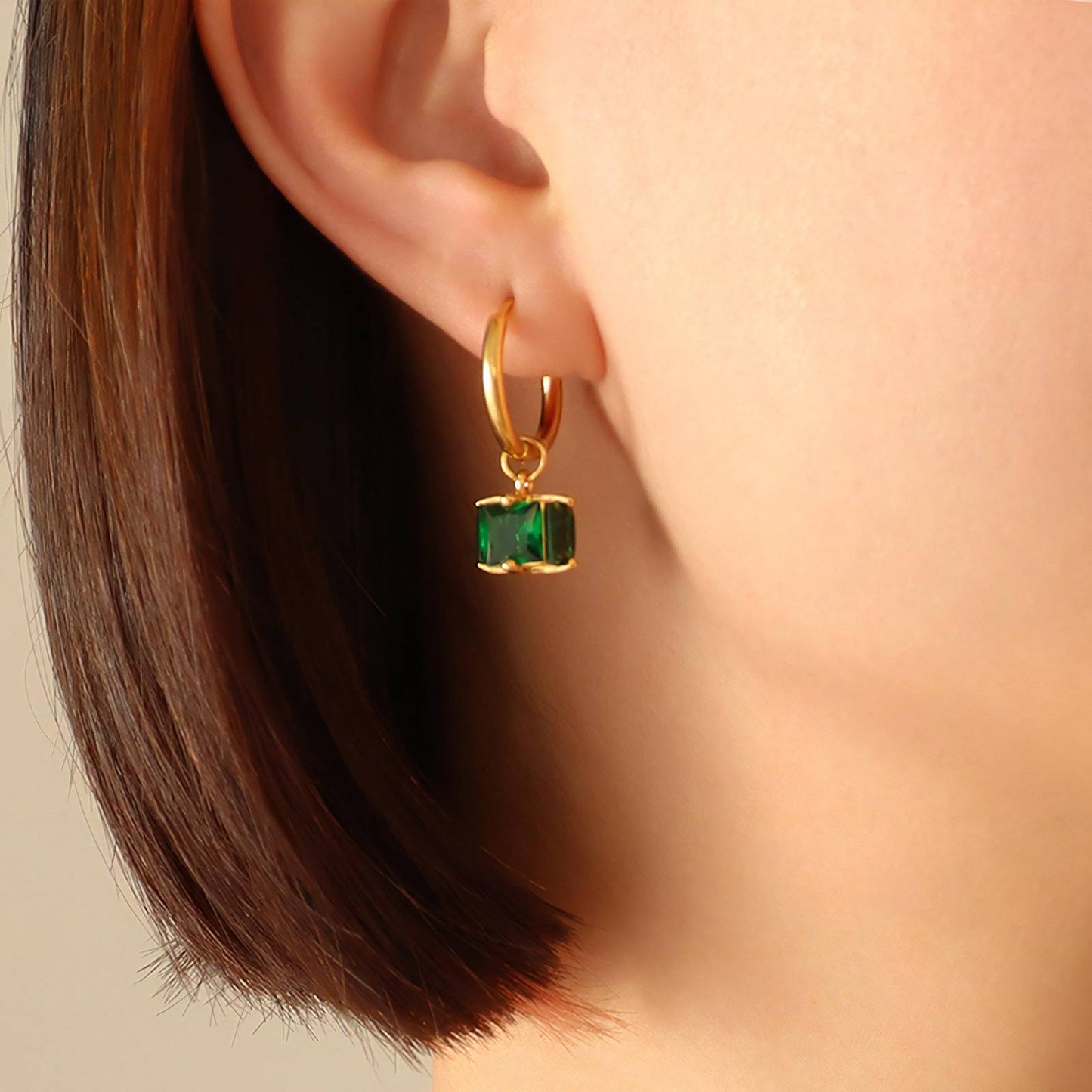 Emerald-Cut Green Crystal Hoop Earrings