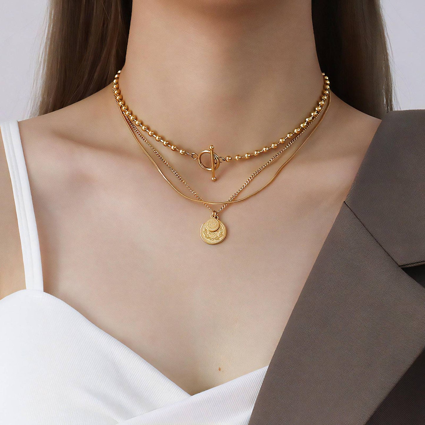 Gold Layered Medallion and Beaded Necklace