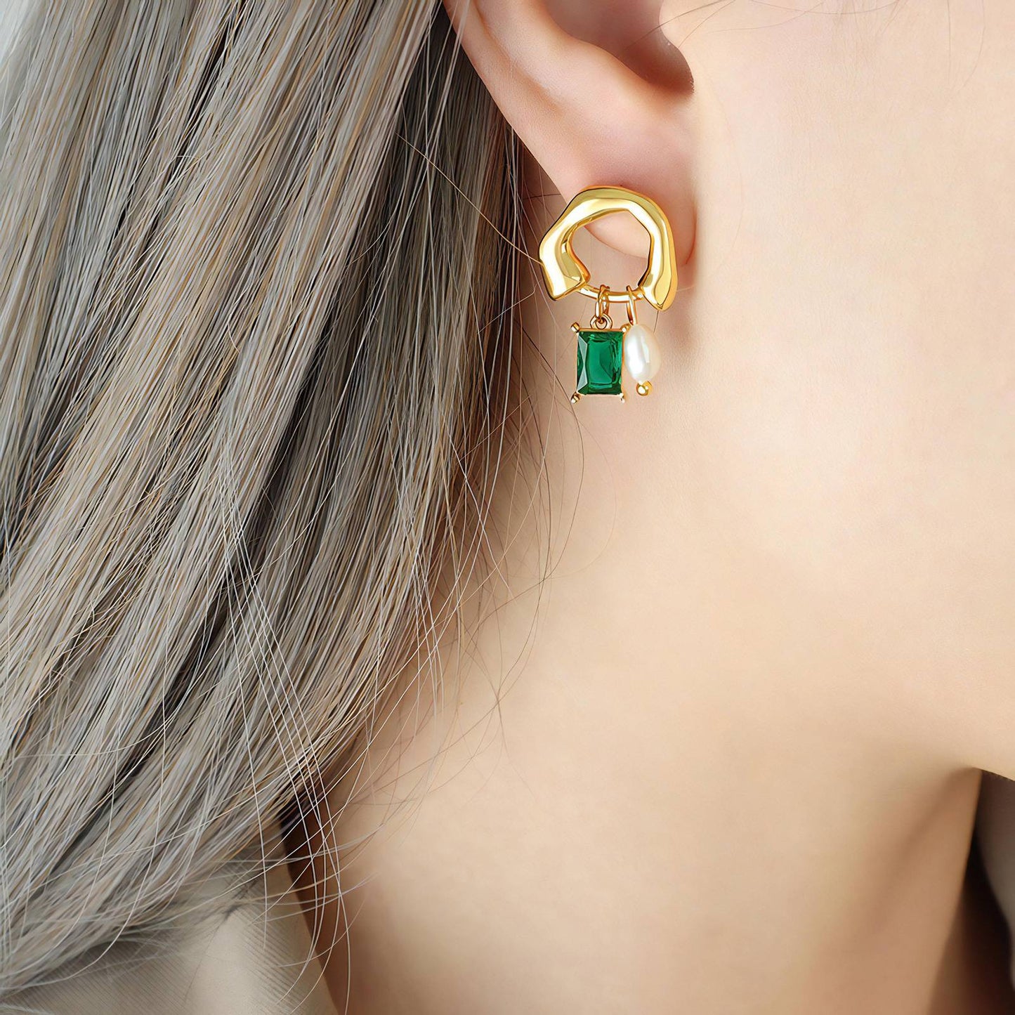 Geometric Hoops with Green Crystal & Pearl Earrings