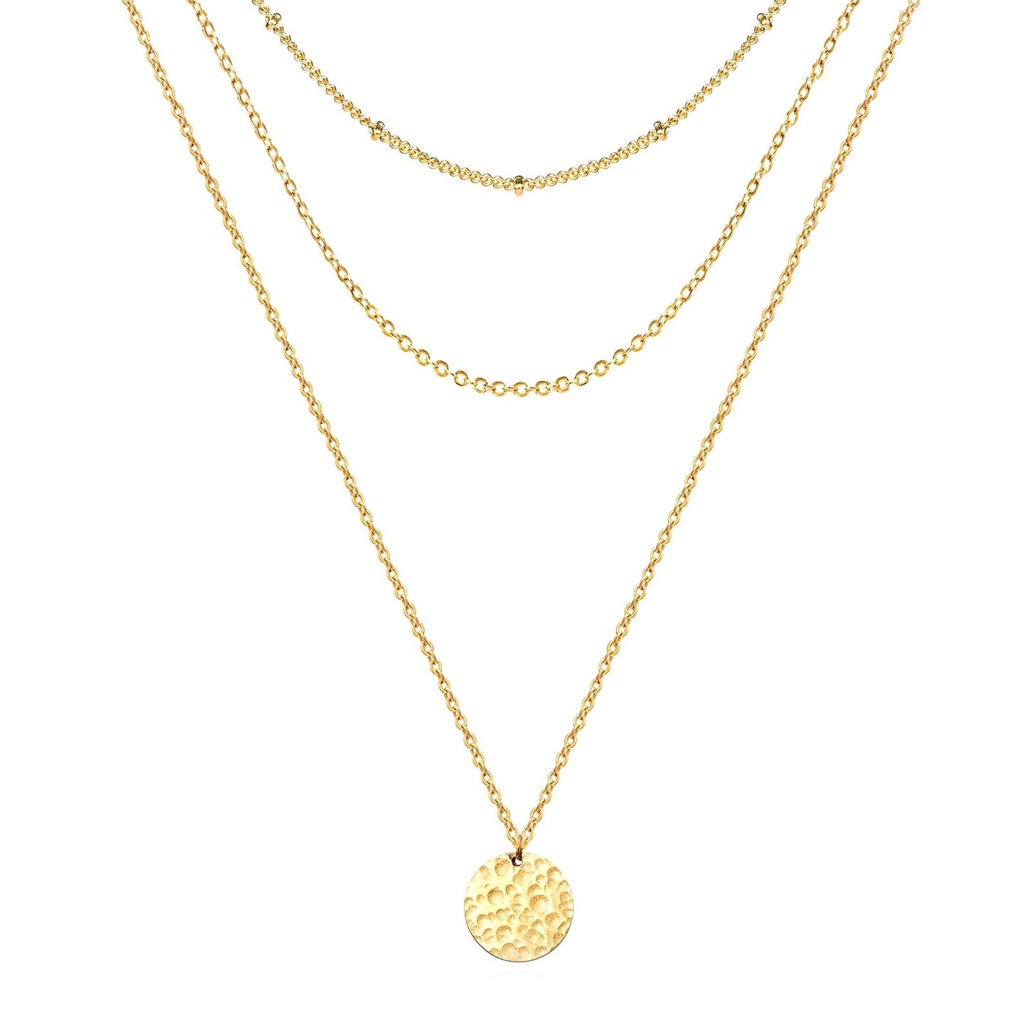 Gold Multi-Strand Necklace with Textured Disc Pendant Necklace