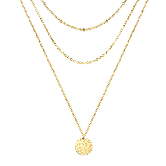 Gold Multi-Strand Necklace with Textured Disc Pendant Necklace