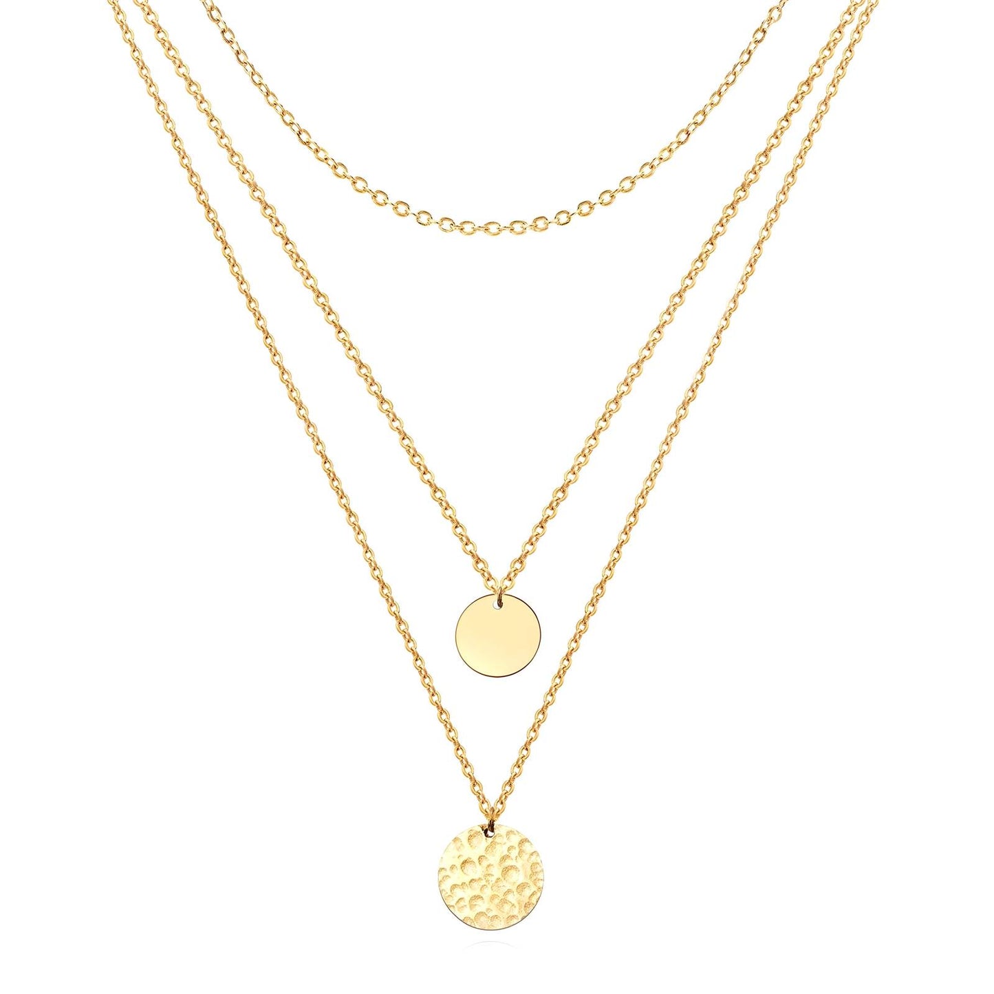 Double-Strand Gold Necklace with Smooth and Hammered Pendants Necklace