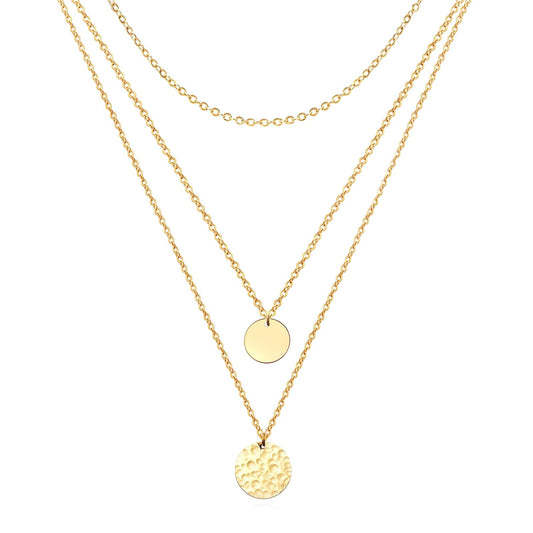 Double-Strand Gold Necklace with Smooth and Hammered Pendants Necklace