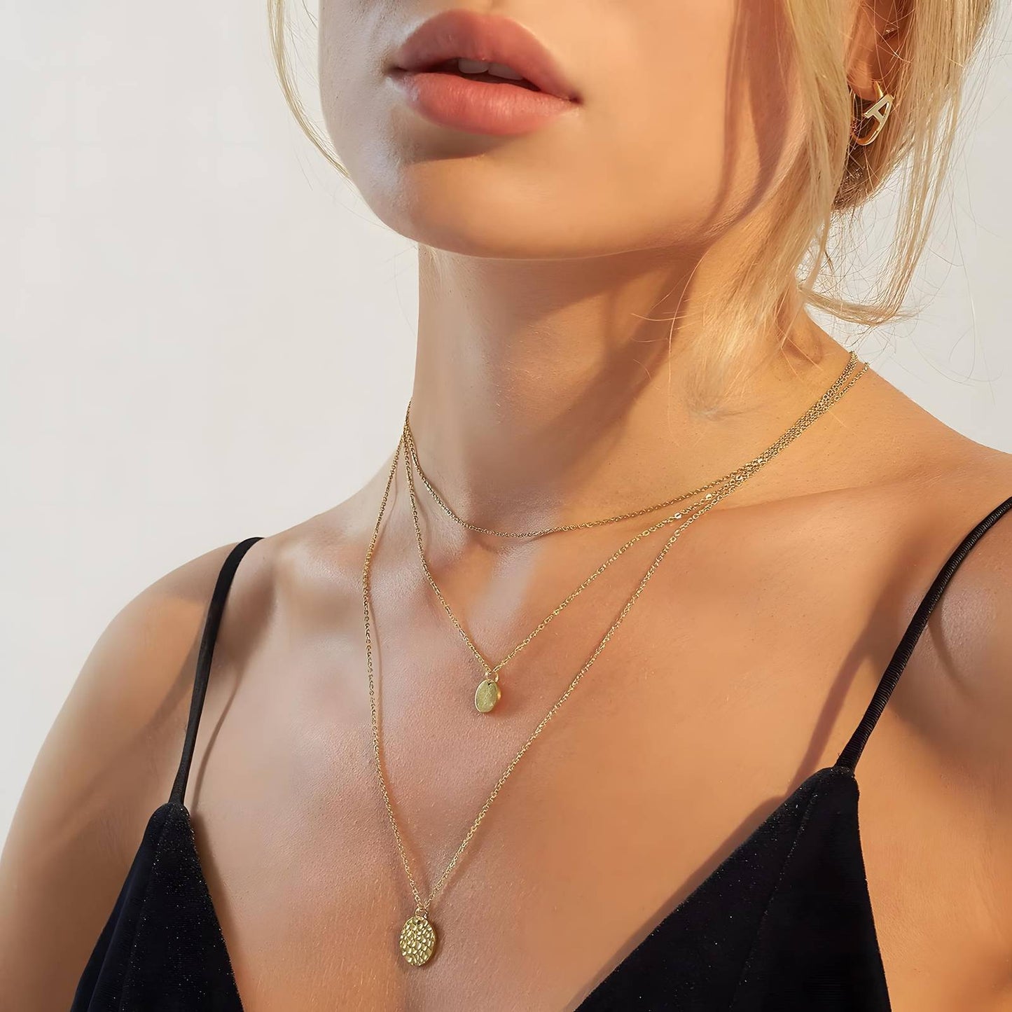 Double-Strand Gold Necklace with Smooth and Hammered Pendants Necklace