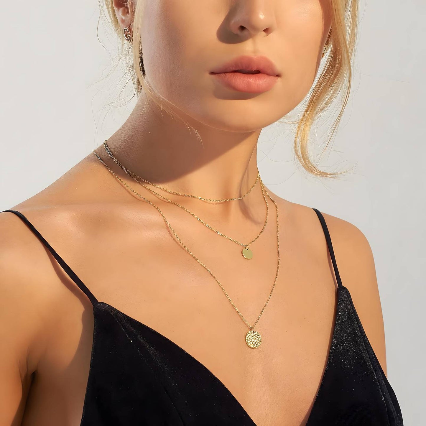 Double-Strand Gold Necklace with Smooth and Hammered Pendants Necklace