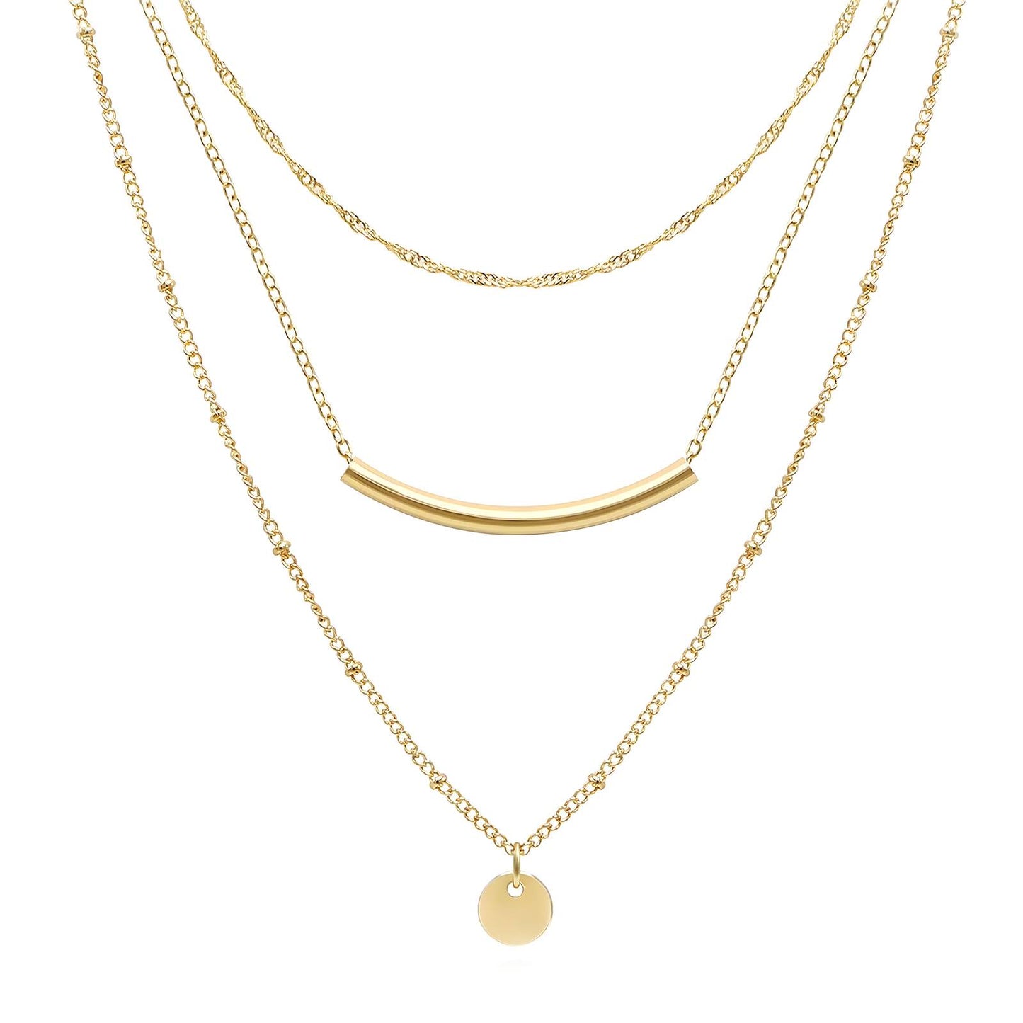 Triple Layer Gold Necklace with Bar and Disc Pendants Necklace