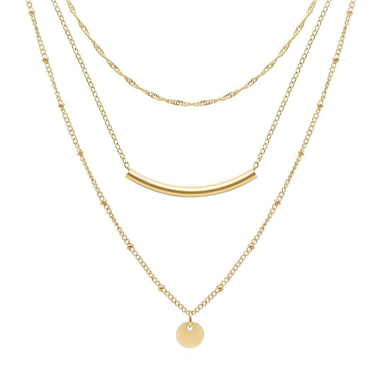 Triple Layer Gold Necklace with Bar and Disc Pendants Necklace
