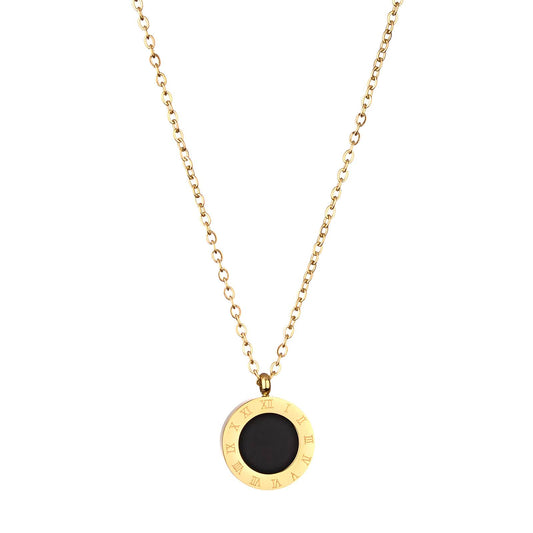 Gold Roman Numeral Pendant Necklace with Onyx Inlay