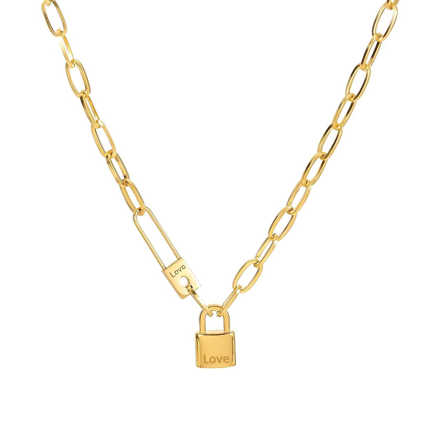 Gold 'Love' Lock Pendant Chain Necklace