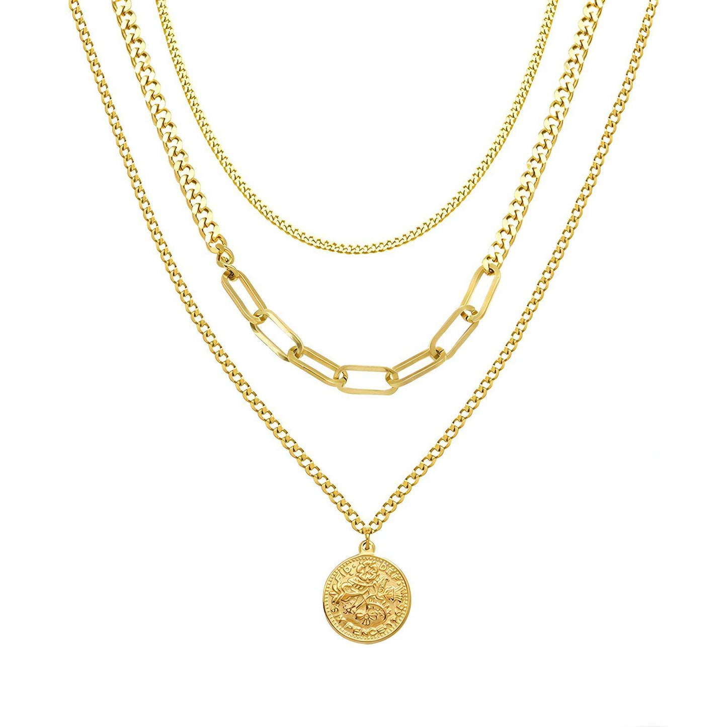 Gold-Plated Triple Chain Medallion Necklace