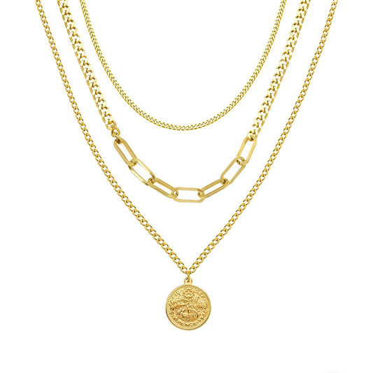 Gold-Plated Triple Chain Medallion Necklace
