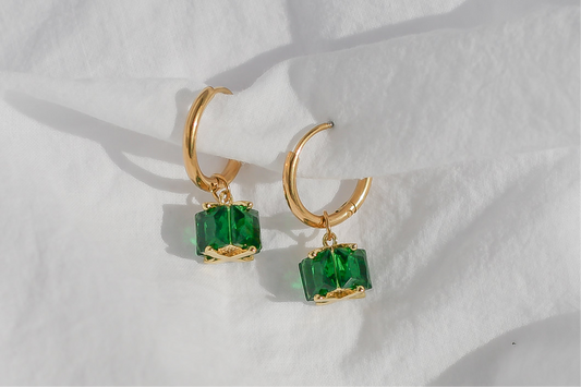 Emerald-Cut Green Crystal Hoop Earrings