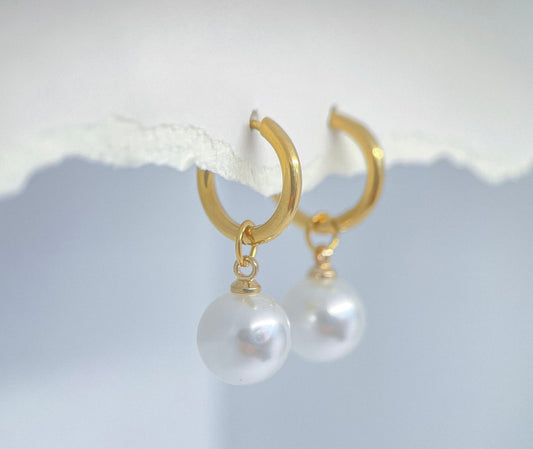 Gold Hoop Earrings with Pearl Drop