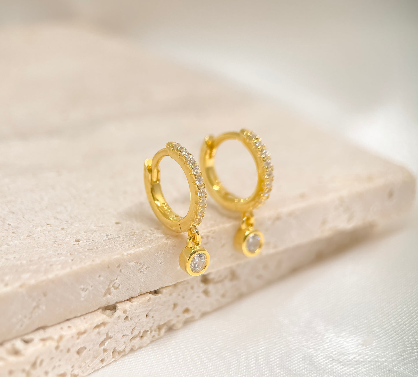 Pavé Bezel Drop Huggie Earrings