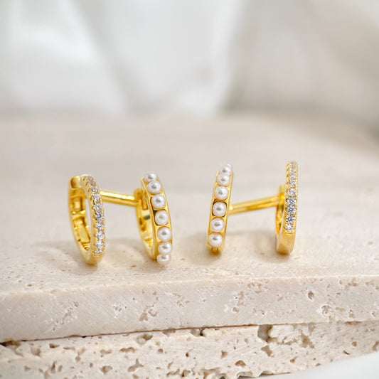 Pavé and Pearl Double Row Hoop Earrings